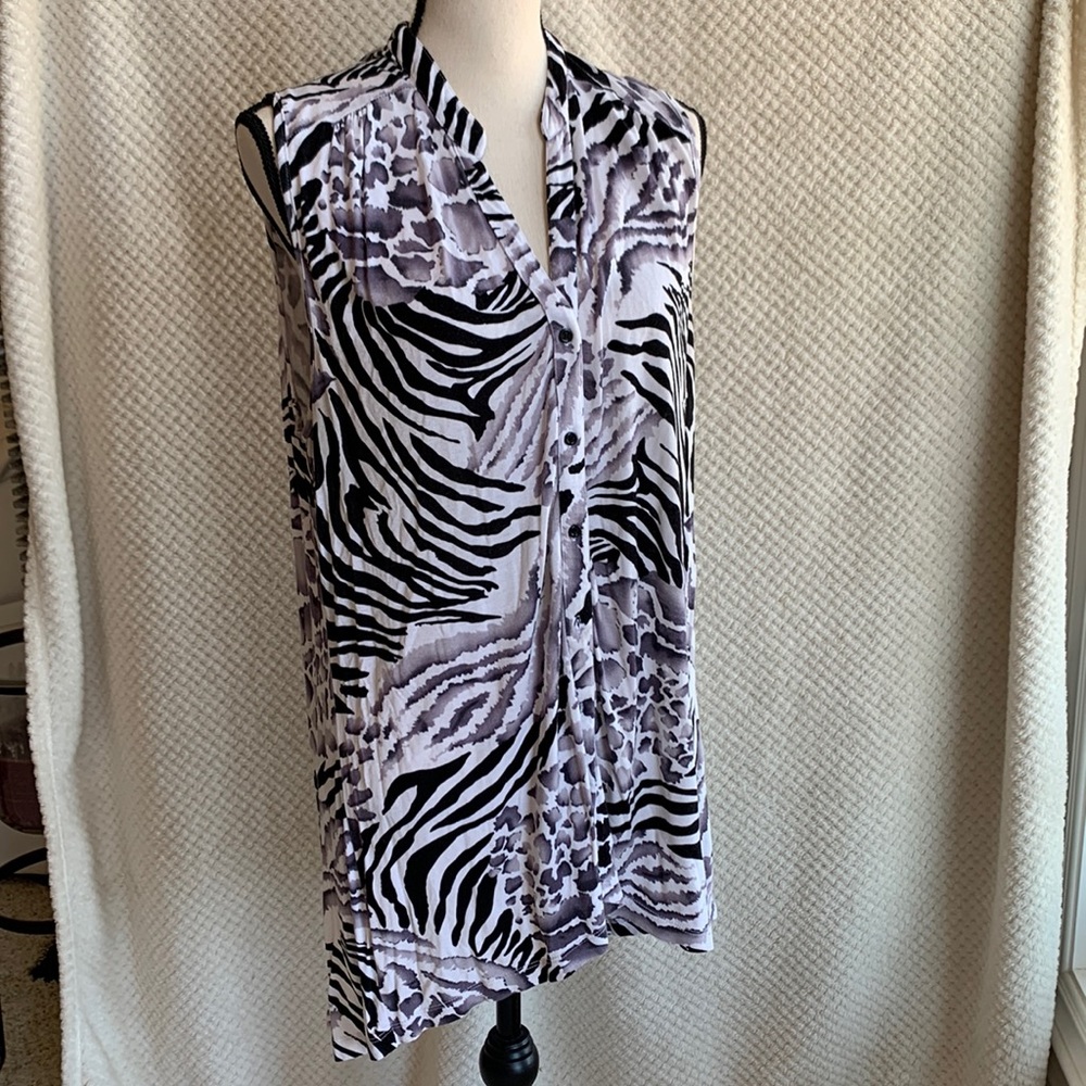Zebra print tank tunic with high-low hemline.
